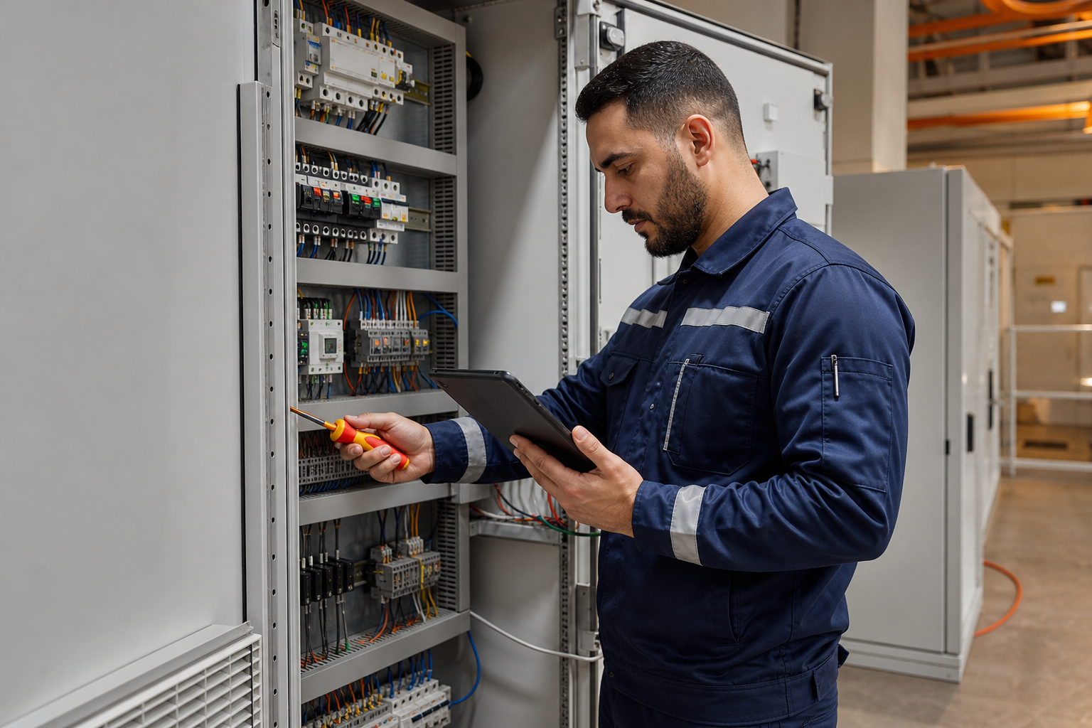 Electrical technician inspecting an industrial control panel